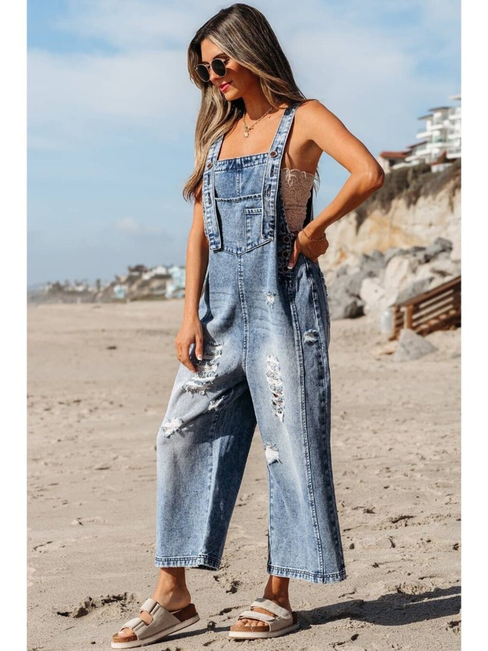 Yoeasy Distressed Wide Leg Denim Overall Stone Blue Women's M